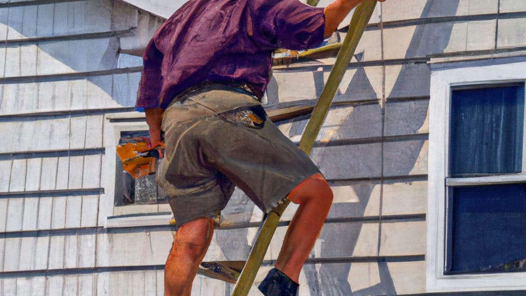Man climbing ladder on Lavallette, New Jersey home to replace roof