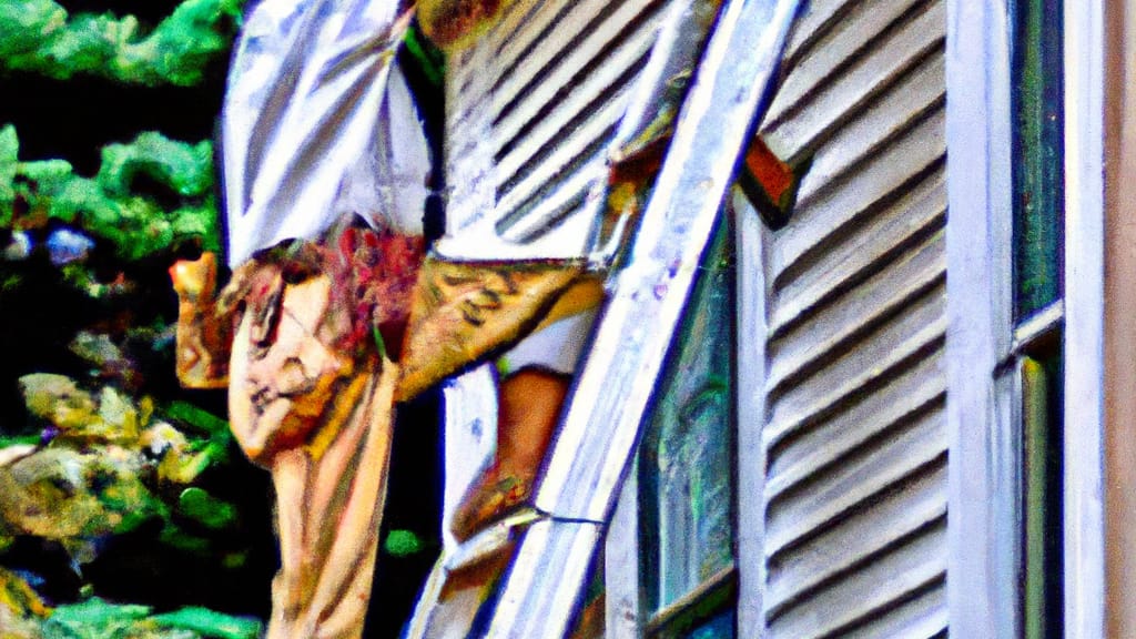 Man climbing ladder on Lincoln, Michigan home to replace roof