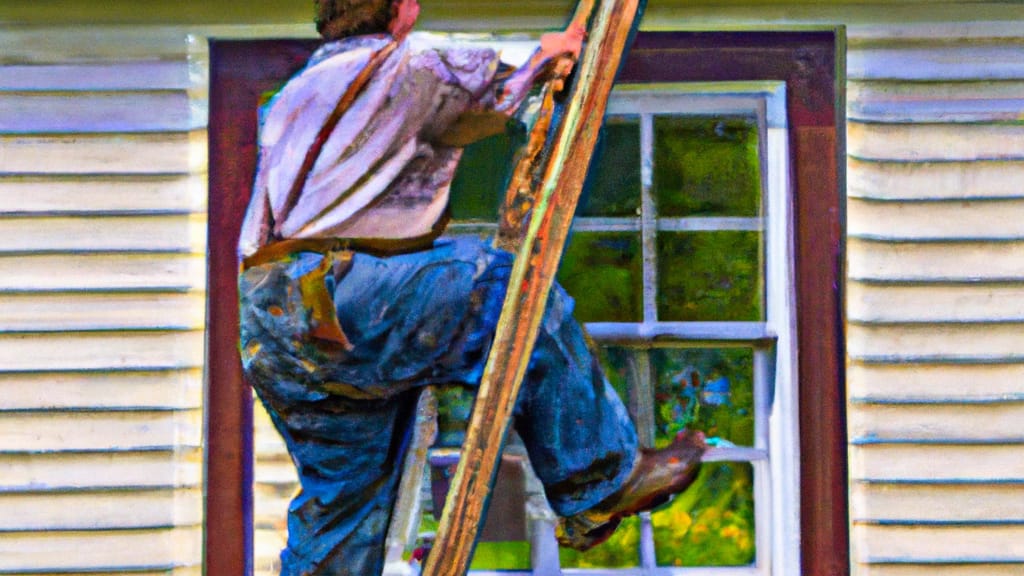 Man climbing ladder on Littlestown, Pennsylvania home to replace roof