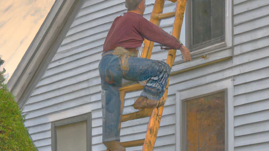 Man climbing ladder on Livonia, New York home to replace roof