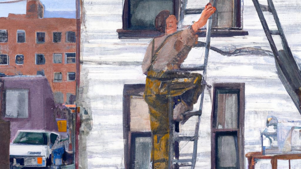 Man climbing ladder on Long Island City, New York home to replace roof