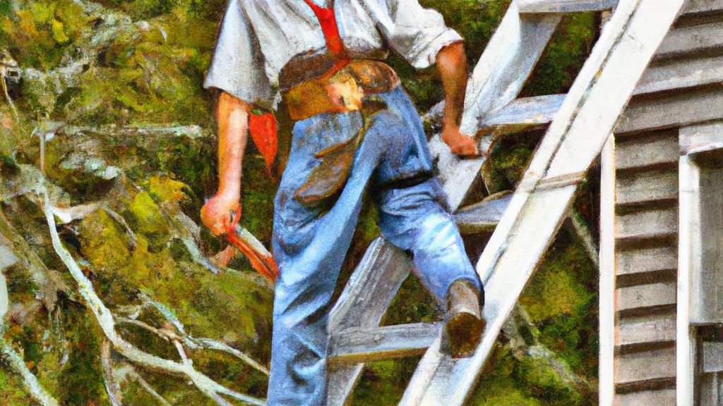Man climbing ladder on Lumber Bridge, North Carolina home to replace roof