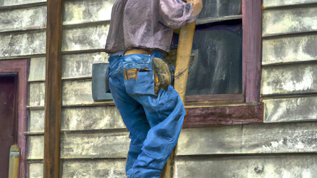 Man climbing ladder on Lykens, Pennsylvania home to replace roof