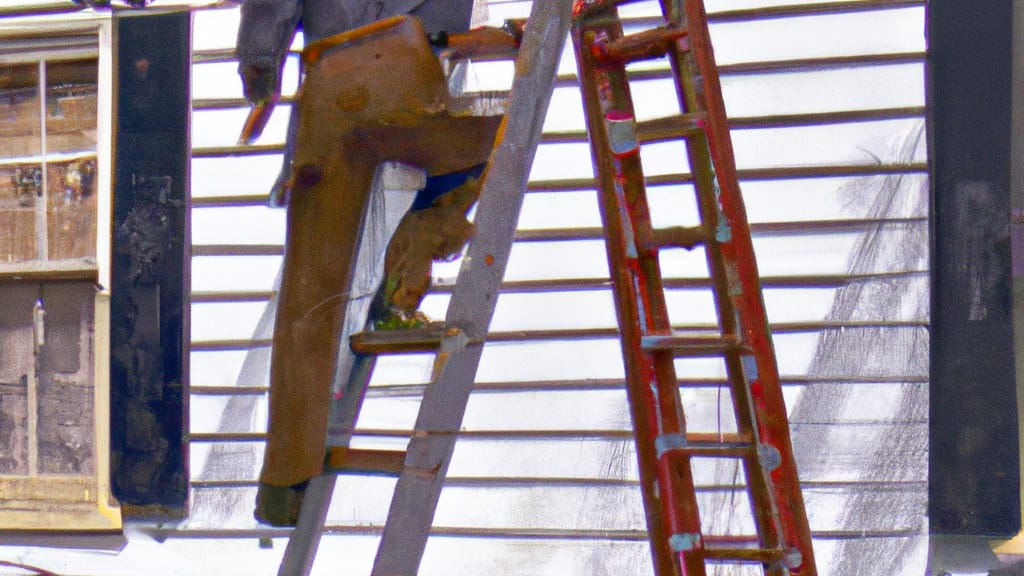 Man climbing ladder on Macungie, Pennsylvania home to replace roof