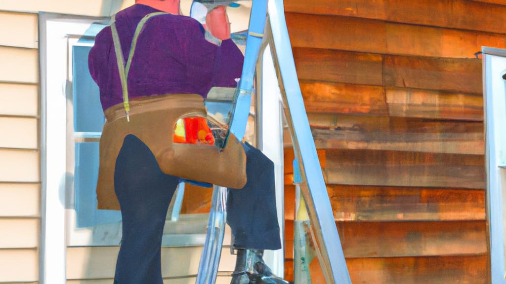 Man climbing ladder on Madison Lake, Minnesota home to replace roof