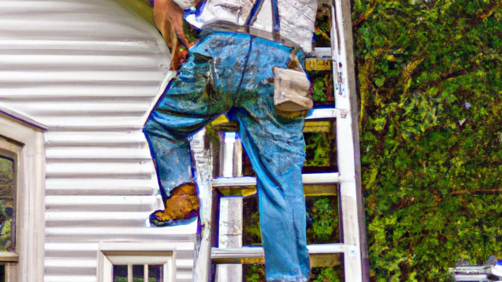 Man climbing ladder on Marble Hill, Missouri home to replace roof