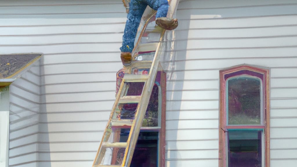 Man climbing ladder on Marshall, Wisconsin home to replace roof