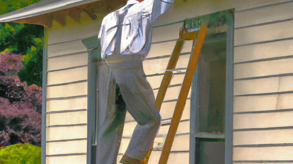 Man climbing ladder on McMinnville, Oregon home to replace roof