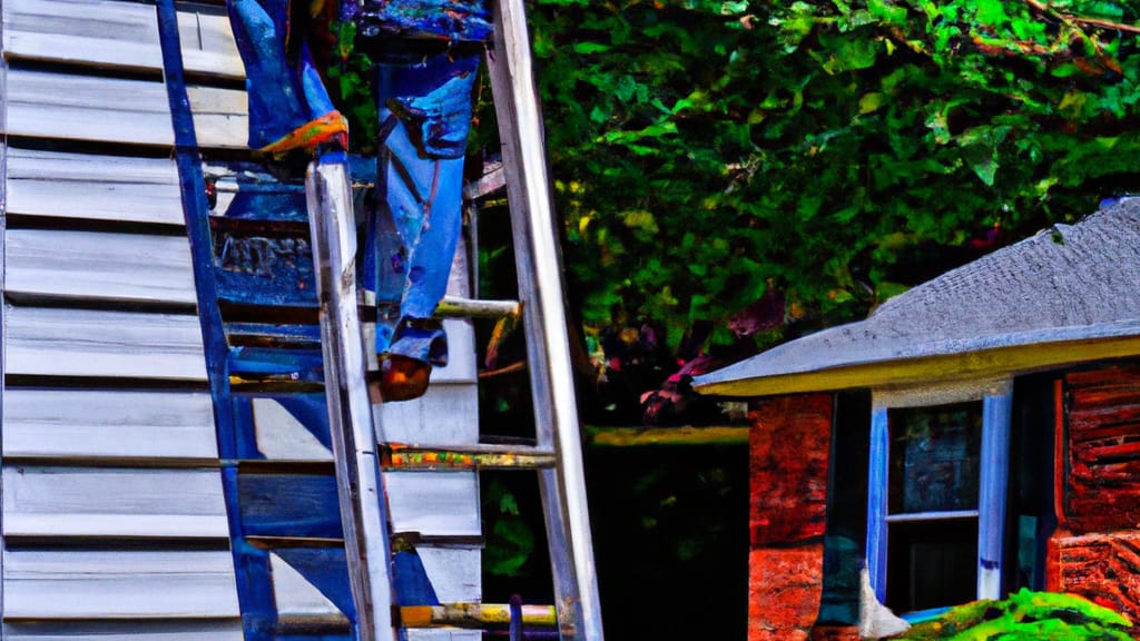 Man climbing ladder on Mills River, North Carolina home to replace roof