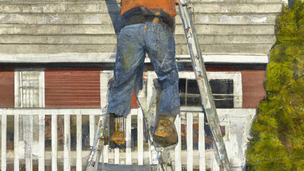 Man climbing ladder on Moriches, New York home to replace roof