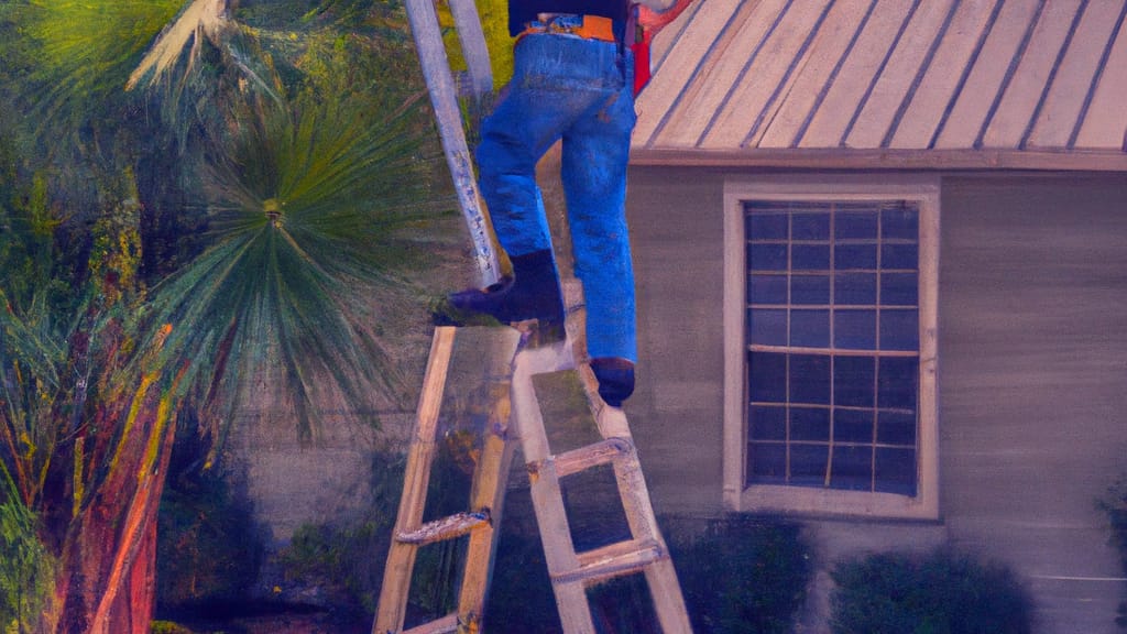 Man climbing ladder on Mulberry, Florida home to replace roof
