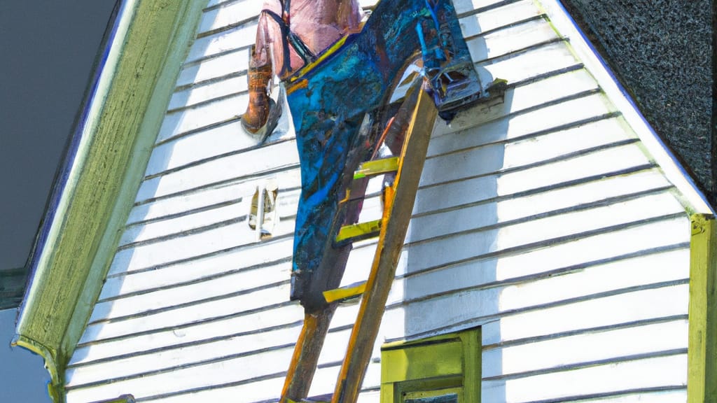 Man climbing ladder on New Oxford, Pennsylvania home to replace roof