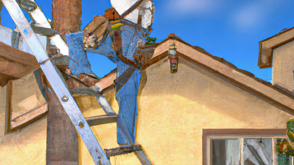 Man climbing ladder on Newbury Park, California home to replace roof