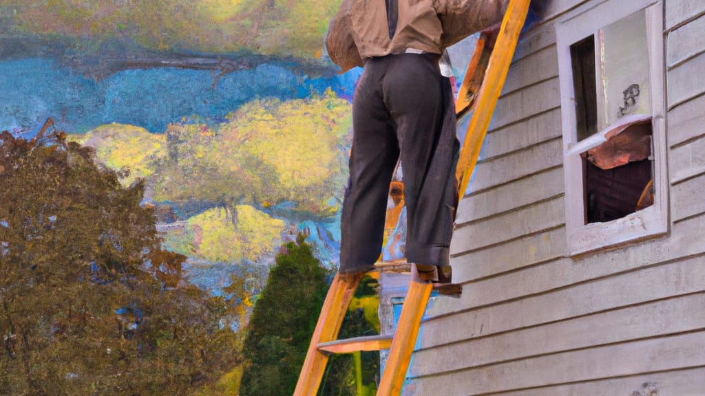 Man climbing ladder on Rewey, Wisconsin home to replace roof