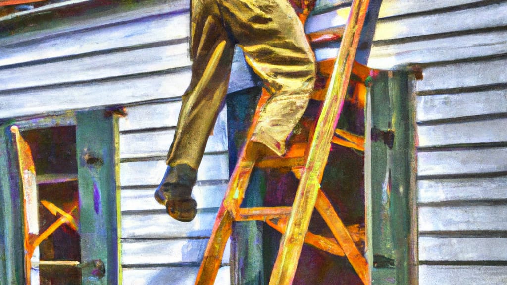 Man climbing ladder on Rockingham, Virginia home to replace roof