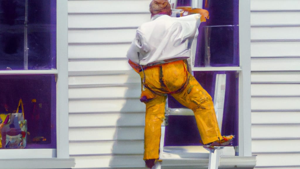 Man climbing ladder on Sackets Harbor, New York home to replace roof