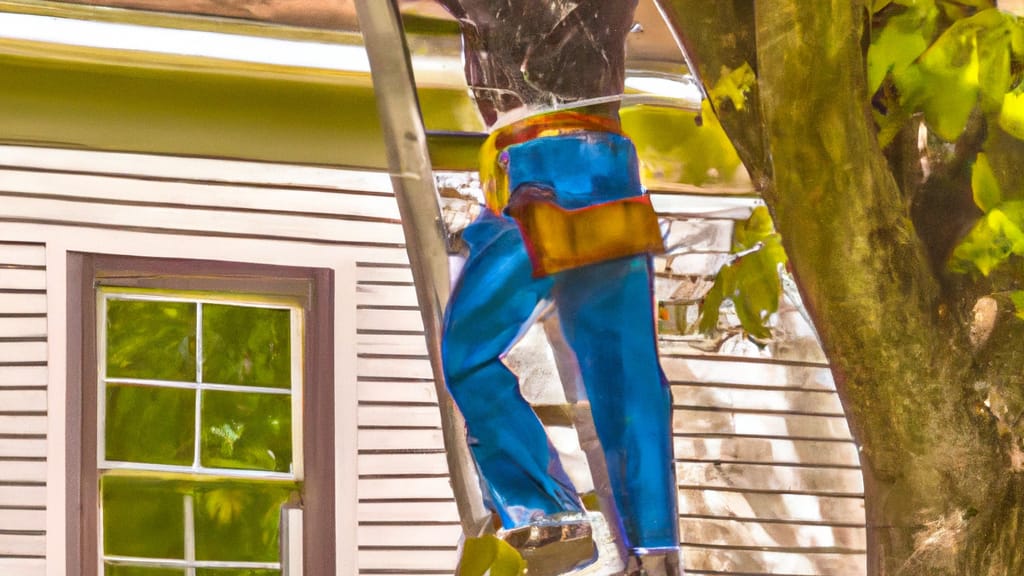 Man climbing ladder on Saint Croix Falls, Wisconsin home to replace roof