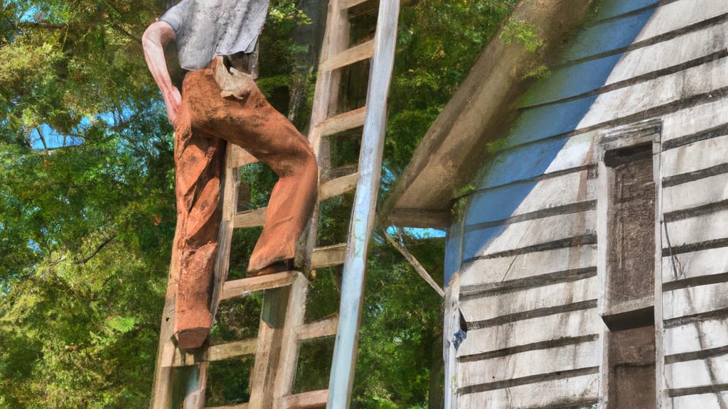 Man climbing ladder on Sale Creek, Tennessee home to replace roof