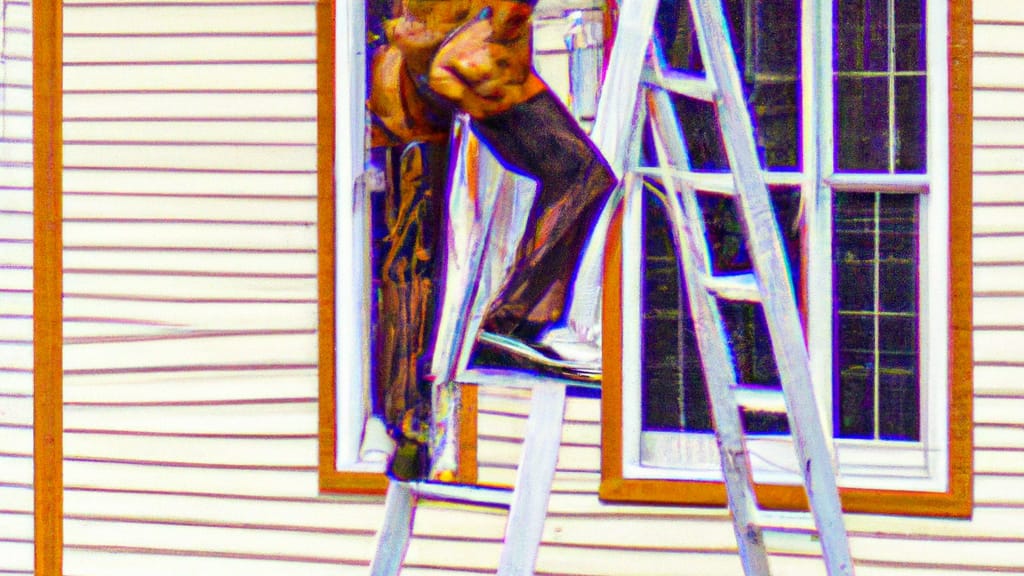Man climbing ladder on Sauk City, Wisconsin home to replace roof