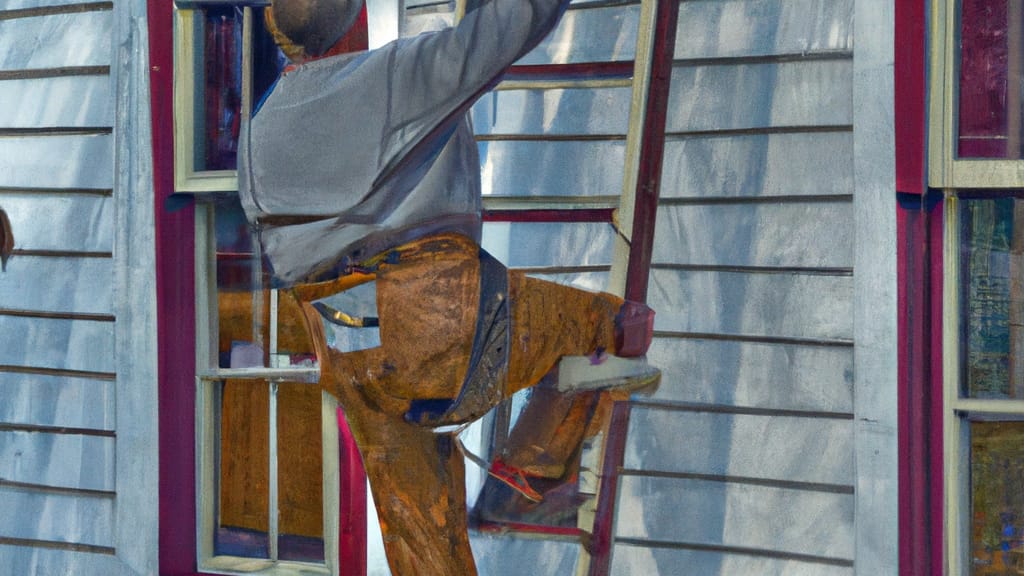 Man climbing ladder on Selbyville, Delaware home to replace roof