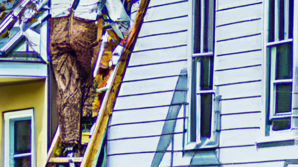 Man climbing ladder on Shipshewana, Indiana home to replace roof