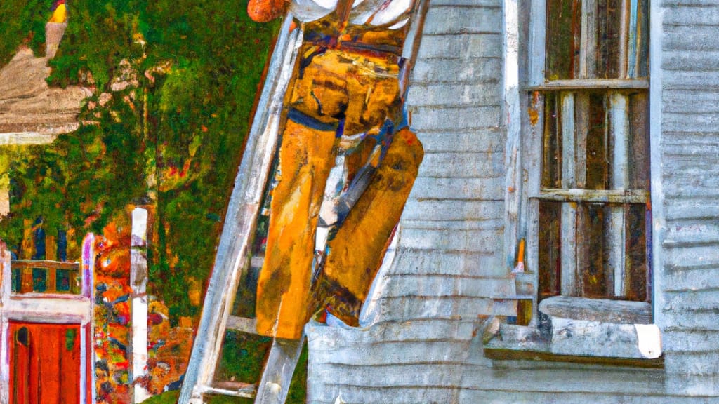 Man climbing ladder on Solsberry, Indiana home to replace roof
