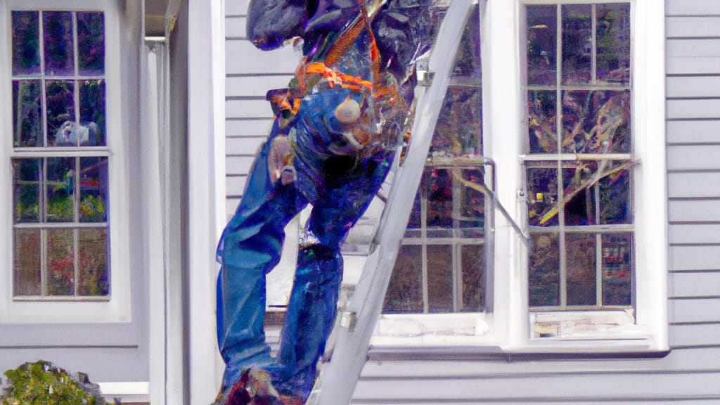 Man climbing ladder on South Easton, Massachusetts home to replace roof