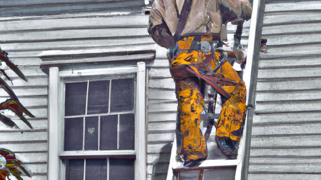 Man climbing ladder on Southfields, New York home to replace roof