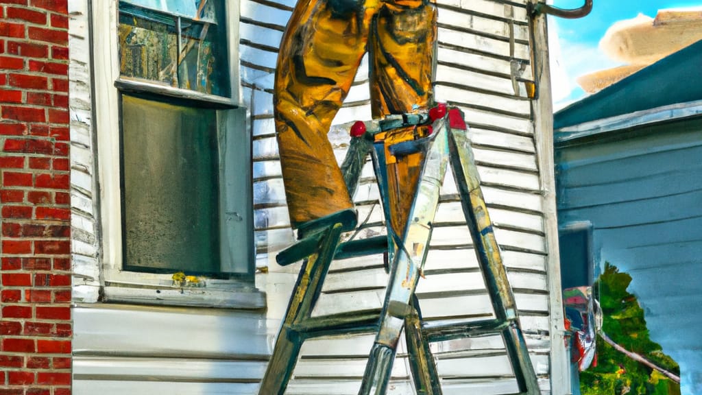 Man climbing ladder on Staten Island, New York home to replace roof