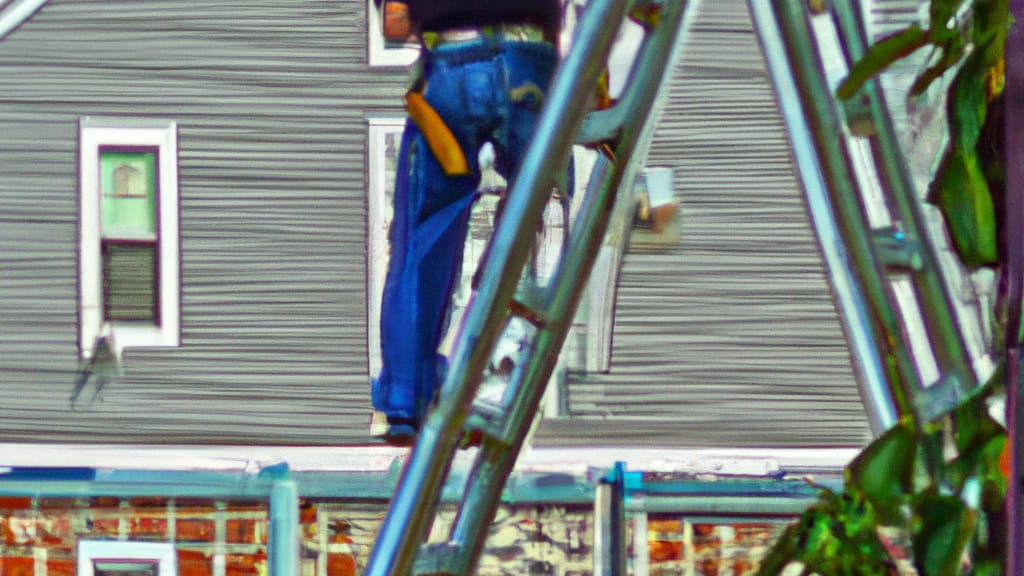 Man climbing ladder on Stonington, Connecticut home to replace roof