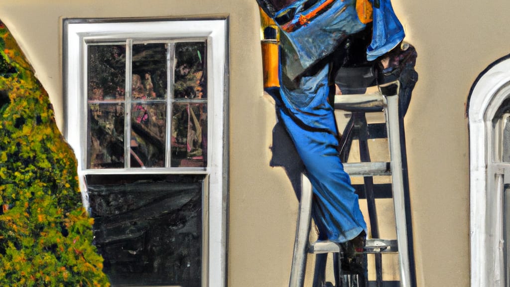 Man climbing ladder on Succasunna, New Jersey home to replace roof