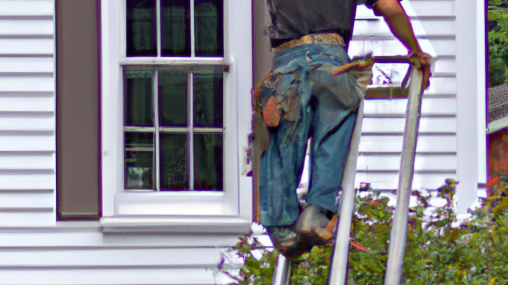 Man climbing ladder on Sykesville, Maryland home to replace roof