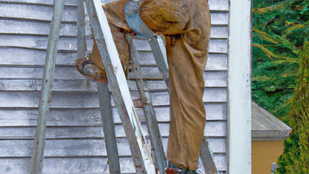 Man climbing ladder on Tilton, New Hampshire home to replace roof