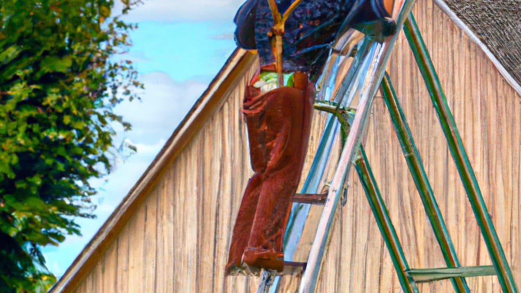 Man climbing ladder on Tomahawk, Wisconsin home to replace roof