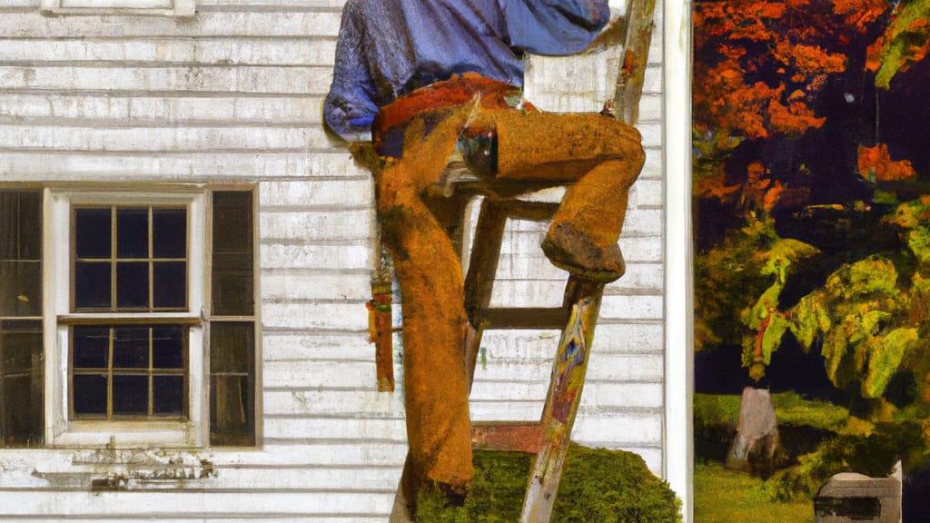 Man climbing ladder on Topsfield, Massachusetts home to replace roof