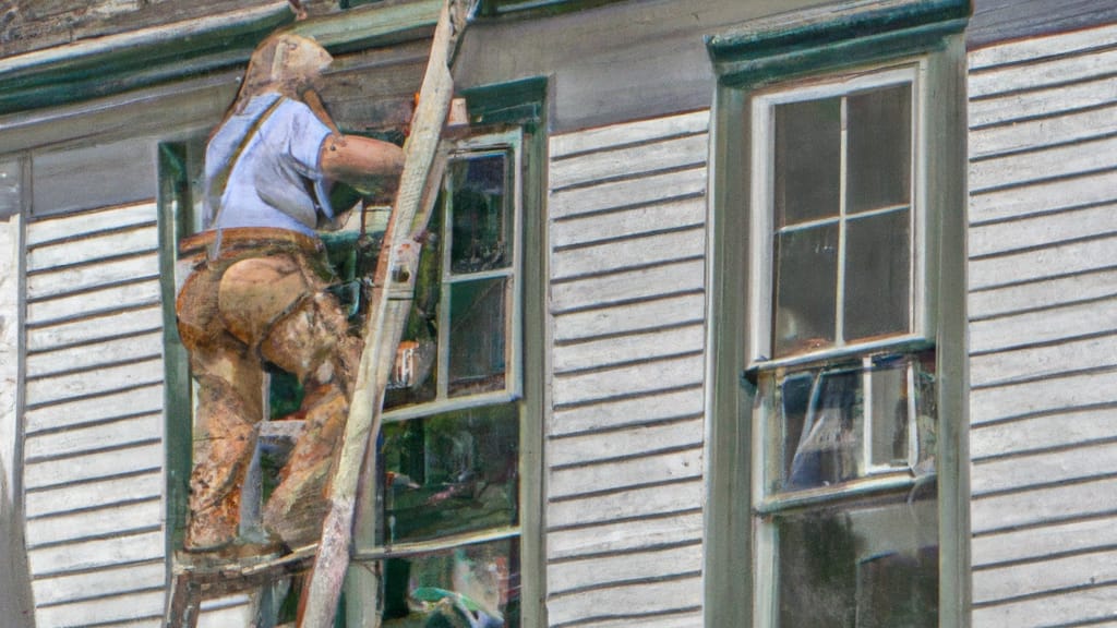 Man climbing ladder on Uniontown, Ohio home to replace roof