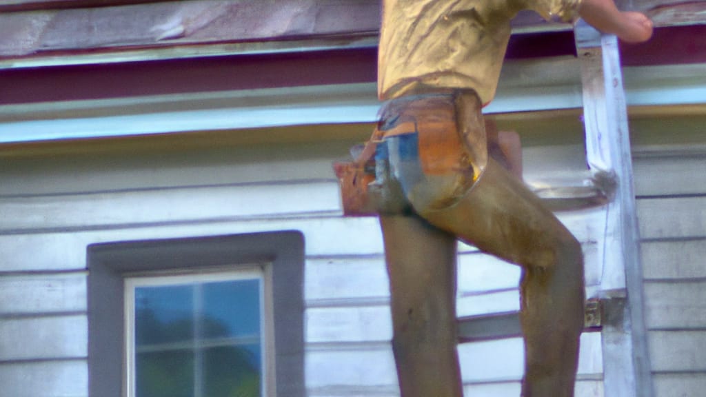 Man climbing ladder on Viroqua, Wisconsin home to replace roof