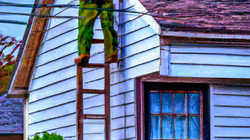 Man climbing ladder on Waterford Works, New Jersey home to replace roof