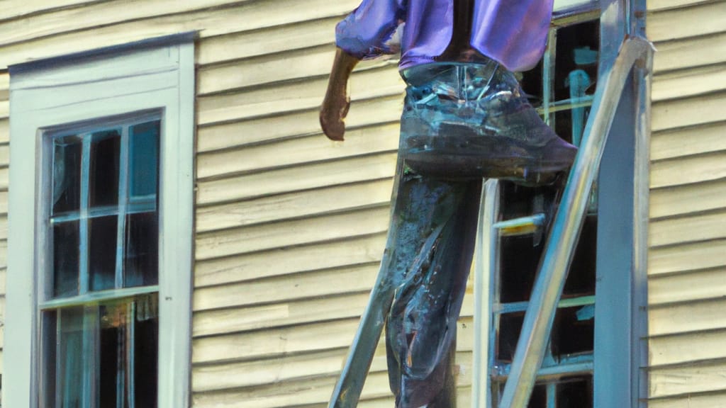 Man climbing ladder on Wellsville, Pennsylvania home to replace roof