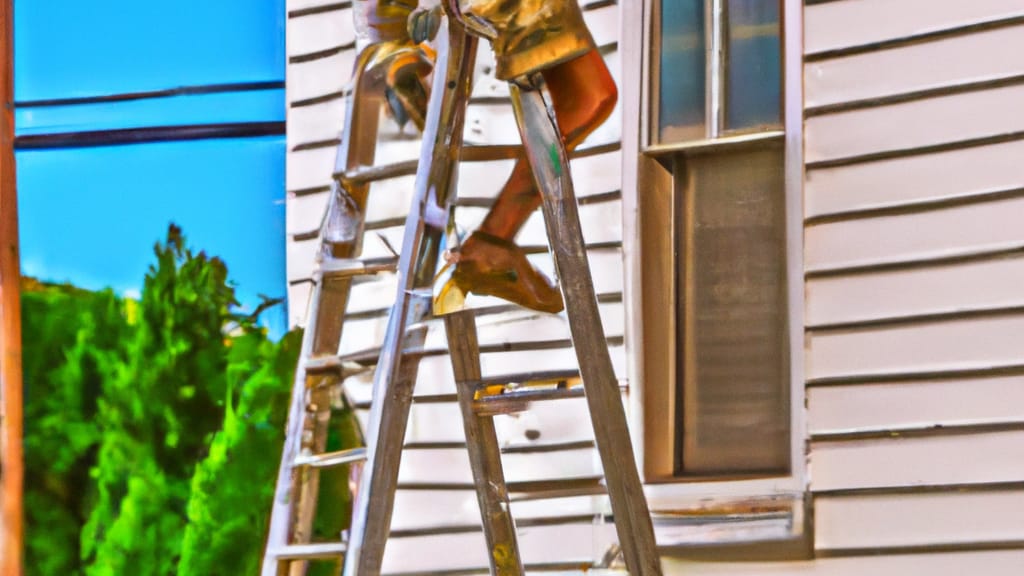 Man climbing ladder on Wernersville, Pennsylvania home to replace roof