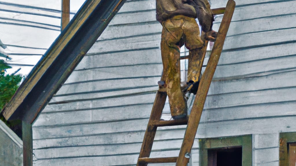 Man climbing ladder on Wetmore, Michigan home to replace roof