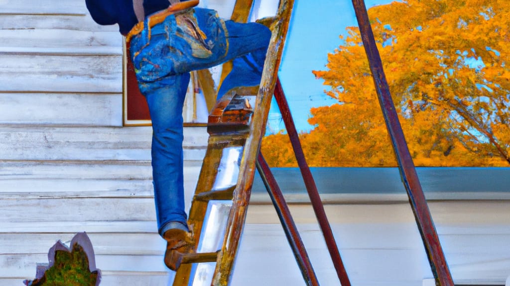 Man climbing ladder on Weyauwega, Wisconsin home to replace roof