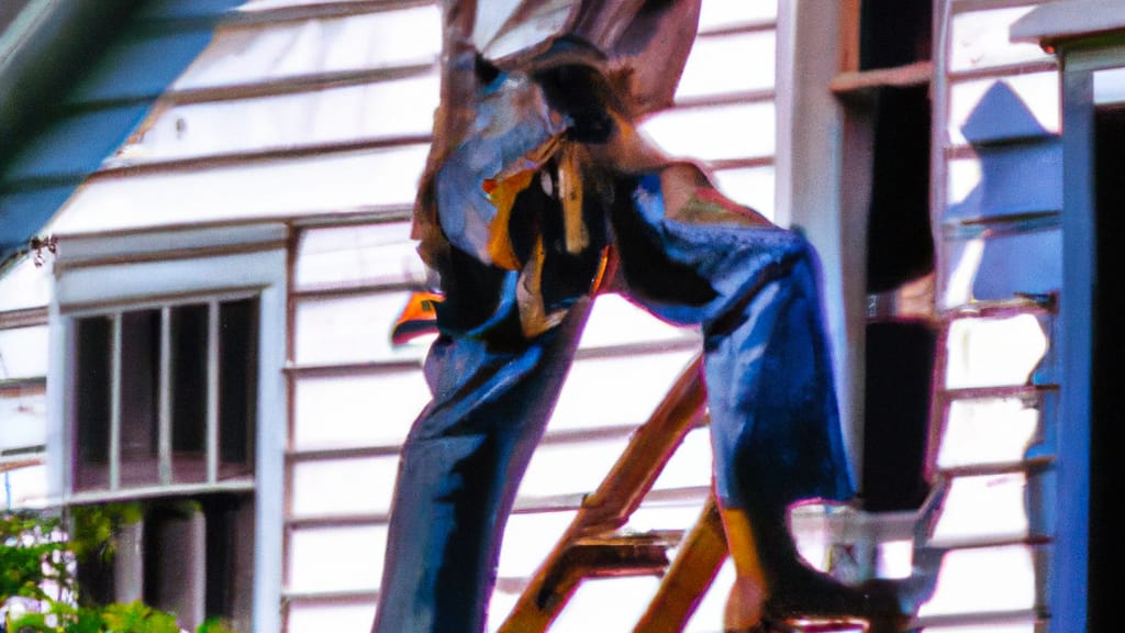 Man climbing ladder on Wilkesboro, North Carolina home to replace roof