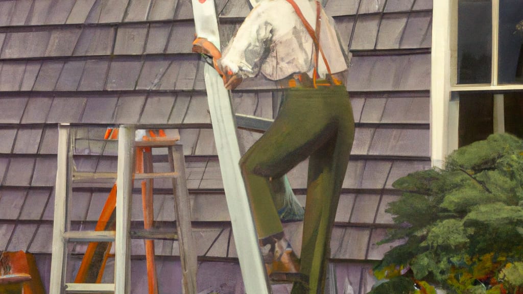 Man climbing ladder on Windham, New York home to replace roof