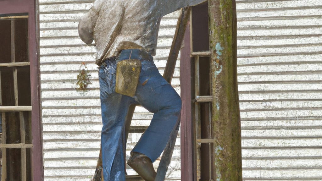 Man climbing ladder on Winona, Mississippi home to replace roof