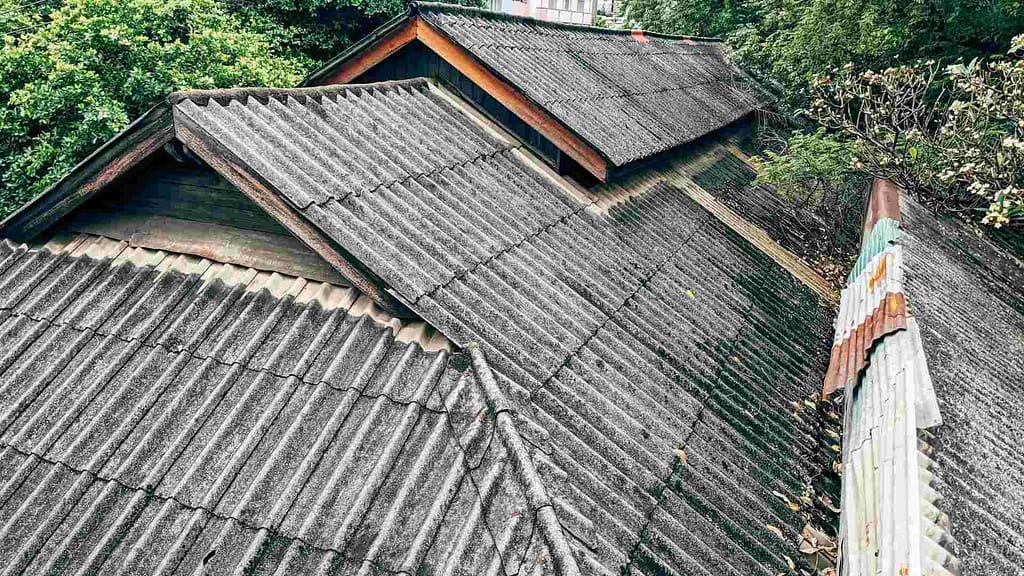 old and faded home roof and trees around
