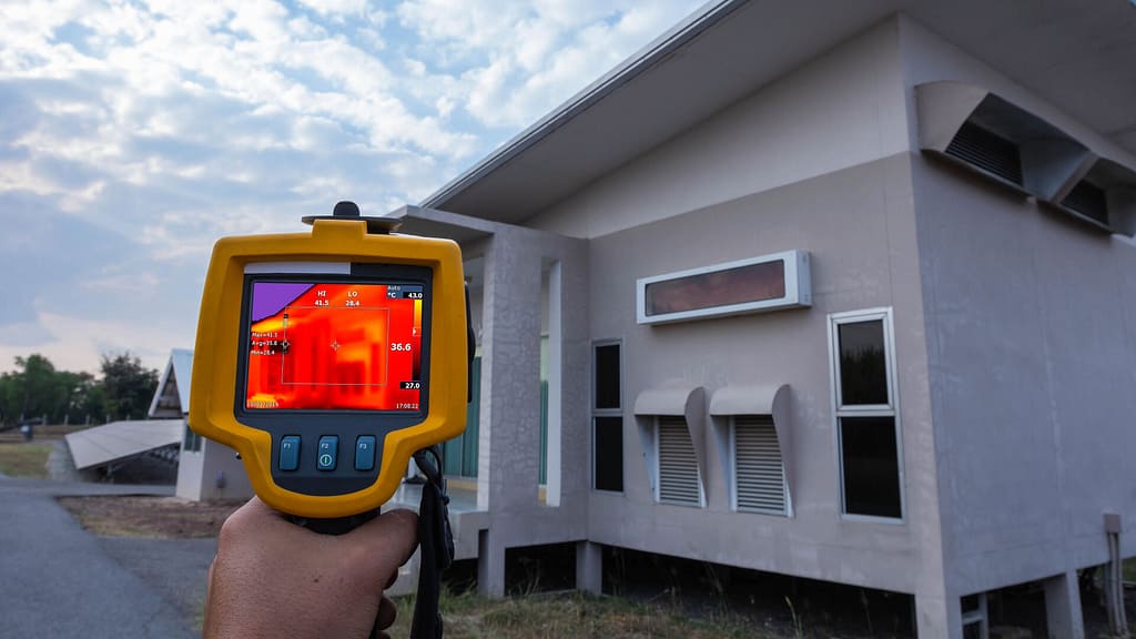 Person holding a thermal camera outside of a house