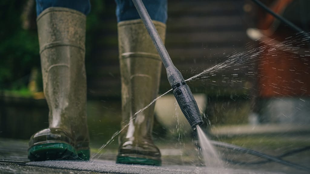 Cleaning the floor with a pressure washer