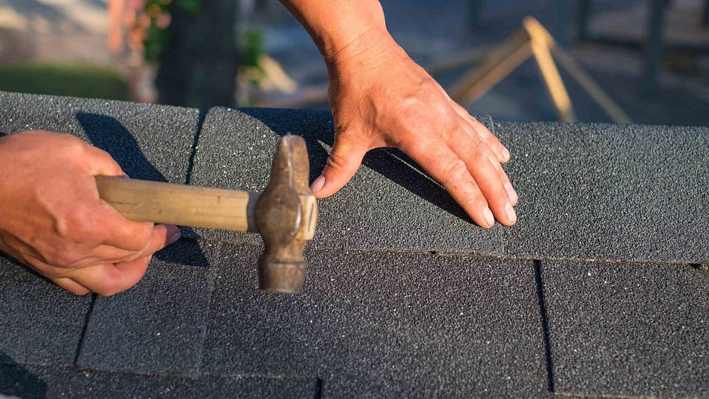 person shingling a roof
