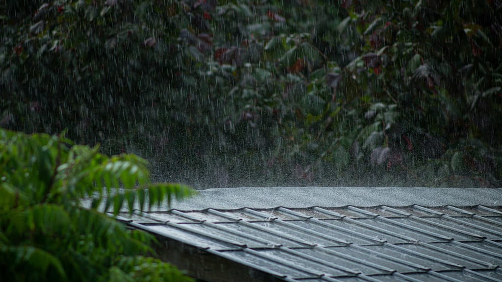 raining on a house with trees around it